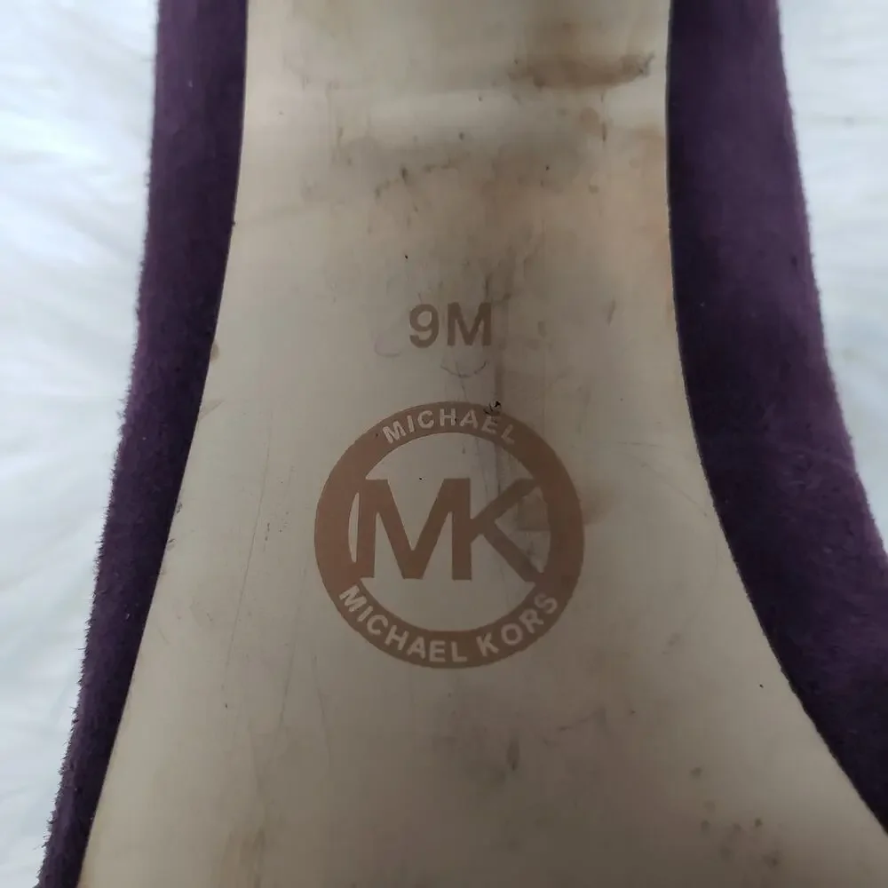 MICHAEL KORS Caroline Bow Pumps Size 9 M Purple Suede Leather Block Heel Slip on